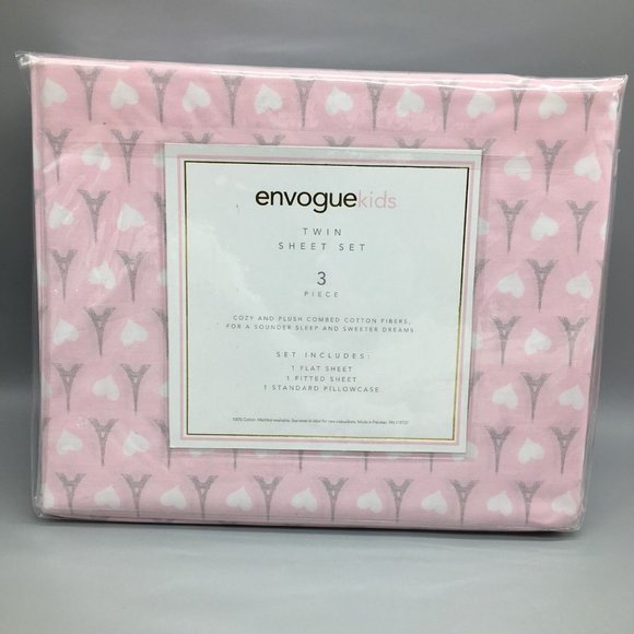3pc Pink Paris TWIN Sheet Pillowcase Set Gray Eiffel Tower Heart Bedding Envogue - Picture 3 of 5